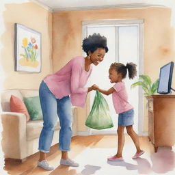 A watercolor style cartoon reimagining of image 118889.bin, showing an African woman pulling something from her bag in the living room, with her young daughter watching in excitement.