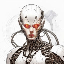 Modify the pencil sketch to resemble a less detailed and less realistic comic book character. Keep the surrealistic 23rd century cyborg concept, but craft it in an illustrative style typical of comic books. The figure continues to gaze at the camera on a white background.