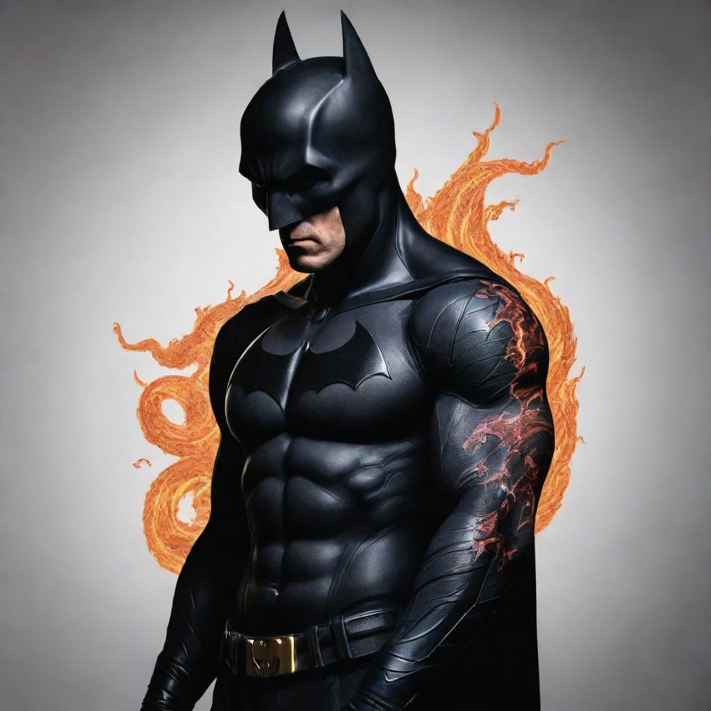 A dynamic representation of Batman, superhero in his iconic black suit, displaying a meticulous, fiery dragon tattoo on his arm.