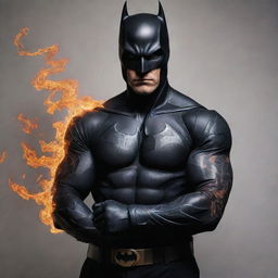 A dynamic representation of Batman, superhero in his iconic black suit, displaying a meticulous, fiery dragon tattoo on his arm.