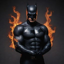 A dynamic representation of Batman, superhero in his iconic black suit, displaying a meticulous, fiery dragon tattoo on his arm.