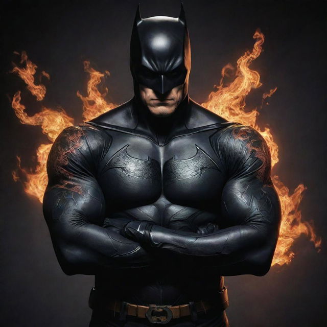 A dynamic representation of Batman, superhero in his iconic black suit, displaying a meticulous, fiery dragon tattoo on his arm.