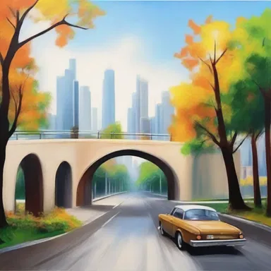 The artist painted a beautiful landscape depicting an overpass in the city.