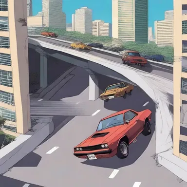 The anime series showcased a thrilling chase scene on the overpass, with cars speeding and crashing all around.