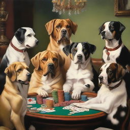 A high-quality oil painting in a richly detailed style, showcasing a group of dogs engrossed in a poker game