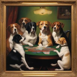 A high-quality oil painting in a richly detailed style, showcasing a group of dogs engrossed in a poker game