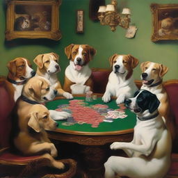 A high-quality oil painting in a richly detailed style, showcasing a group of dogs engrossed in a poker game