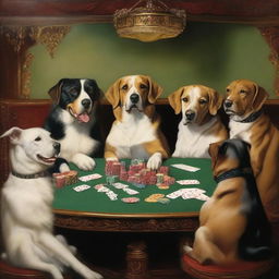 A high-quality oil painting in a richly detailed style, showcasing a group of dogs engrossed in a poker game