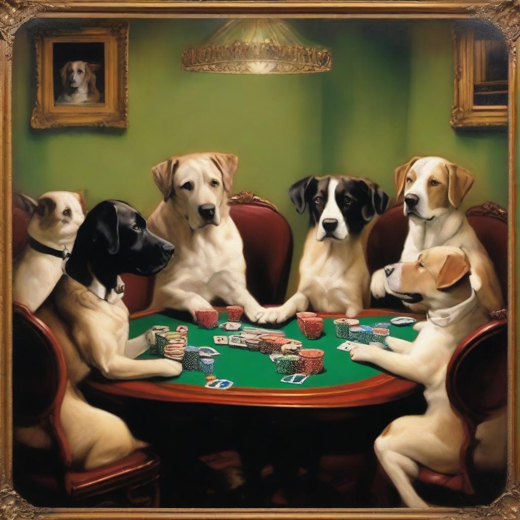 A high-quality, eerie oil painting featuring a group of dogs engaged in a poker game