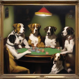 A high-quality, eerie oil painting featuring a group of dogs engaged in a poker game