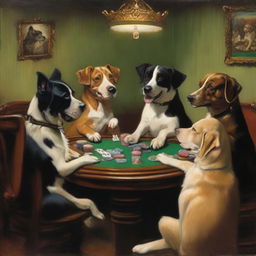 A high-quality, eerie oil painting featuring a group of dogs engaged in a poker game