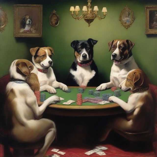 A high-quality, eerie oil painting featuring a group of dogs engaged in a poker game