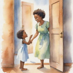 An adaptation of cartoon version 119158.bin in watercolor style: a tender evening scene of a young African girl opening a door to see her loving mother.