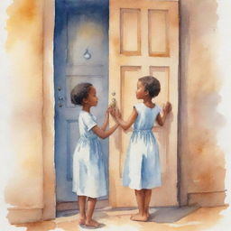 An adaptation of cartoon version 119158.bin in watercolor style: a tender evening scene of a young African girl opening a door to see her loving mother.