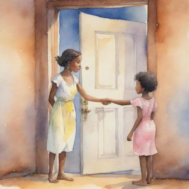 An adaptation of cartoon version 119158.bin in watercolor style: a tender evening scene of a young African girl opening a door to see her loving mother.