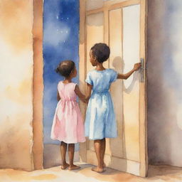 An adaptation of cartoon version 119158.bin in watercolor style: a tender evening scene of a young African girl opening a door to see her loving mother.