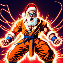 Santa Claus in his traditional outfit, mid-scream and powering up, his body surrounded by a radiant, blazing energy aura demonstrating the iconic Super Saiyan transformation from the Dragon Ball Z series.