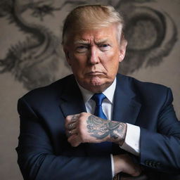 A detailed portrait of Donald Trump wearing a suit, sporting a fierce, intricately designed dragon tattoo on his arm.