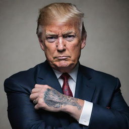 A detailed portrait of Donald Trump wearing a suit, sporting a fierce, intricately designed dragon tattoo on his arm.