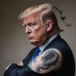 A detailed portrait of Donald Trump wearing a suit, sporting a fierce, intricately designed dragon tattoo on his arm.