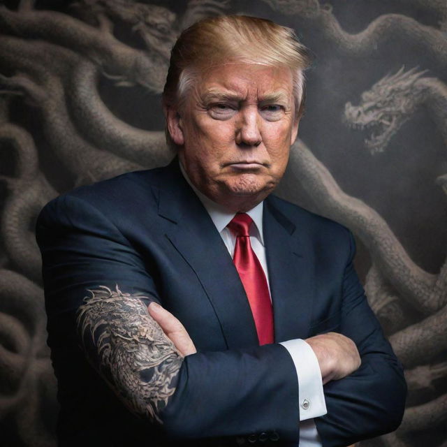 A detailed portrait of Donald Trump wearing a suit, sporting a fierce, intricately designed dragon tattoo on his arm.