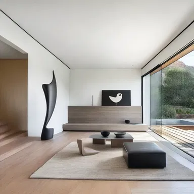 The minimalist aesthetic of the modern house was accentuated by the owner's preference for edentate sculptures and artwork.
