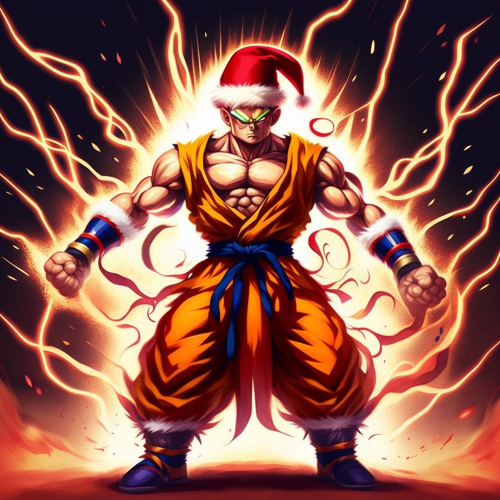 Santa Claus in his traditional outfit, mid-scream and powering up, his body surrounded by a radiant, blazing energy aura demonstrating the iconic Super Saiyan transformation from the Dragon Ball Z series.