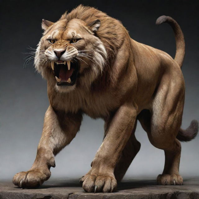 A powerful, fearsome fighter fused with the characteristics of a smilodon, boasting muscular body, sharp claws, and striking feline features