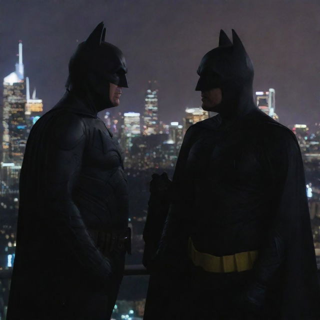 An image displaying Donald Trump and Batman engaged in a friendly conversation, standing against a vivid city skyline backdrop at night. Trump is wearing his signature suit while Batman is in his iconic costume.