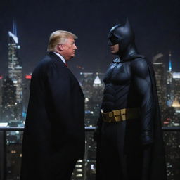 An image displaying Donald Trump and Batman engaged in a friendly conversation, standing against a vivid city skyline backdrop at night. Trump is wearing his signature suit while Batman is in his iconic costume.