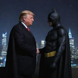 An image displaying Donald Trump and Batman engaged in a friendly conversation, standing against a vivid city skyline backdrop at night. Trump is wearing his signature suit while Batman is in his iconic costume.