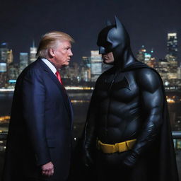 An image displaying Donald Trump and Batman engaged in a friendly conversation, standing against a vivid city skyline backdrop at night. Trump is wearing his signature suit while Batman is in his iconic costume.