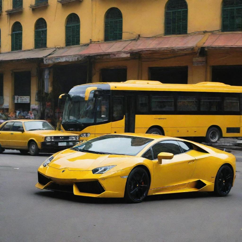 A luxurious yellow Lamborghini parked on a bustling main bazaar road, with a matching yellow metro bus in the background.