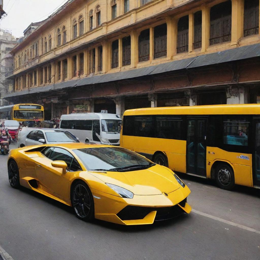 A luxurious yellow Lamborghini parked on a bustling main bazaar road, with a matching yellow metro bus in the background.