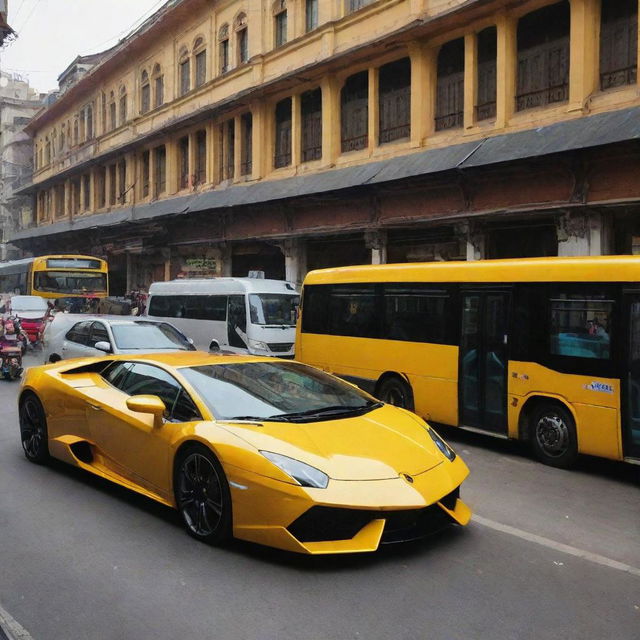 A luxurious yellow Lamborghini parked on a bustling main bazaar road, with a matching yellow metro bus in the background.