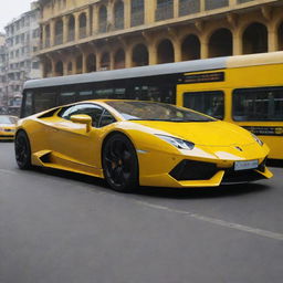 A luxurious yellow Lamborghini parked on a bustling main bazaar road, with a matching yellow metro bus in the background.