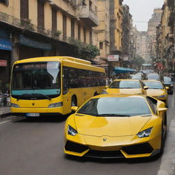 A luxurious yellow Lamborghini parked on a bustling main bazaar road, with a matching yellow metro bus in the background.