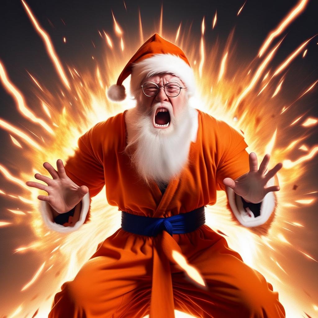 Santa Claus in his traditional outfit, mid-scream and powering up, his body surrounded by a radiant, blazing energy aura demonstrating the iconic Super Saiyan transformation from the Dragon Ball Z series.