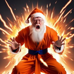 Santa Claus in his traditional outfit, mid-scream and powering up, his body surrounded by a radiant, blazing energy aura demonstrating the iconic Super Saiyan transformation from the Dragon Ball Z series.