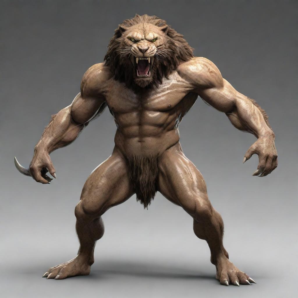 A unique hybrid warrior, the upper half resembling a sturdy human fighter and the lower half merging into a smilodon's fierce head