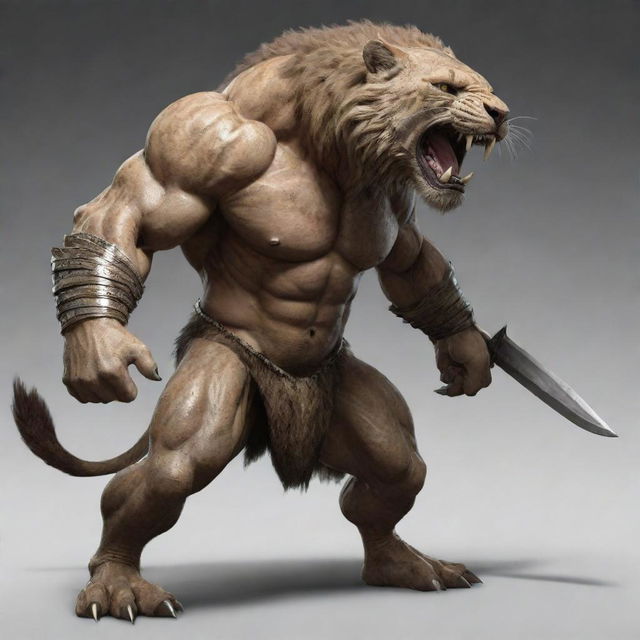 A unique hybrid warrior, the upper half resembling a sturdy human fighter and the lower half merging into a smilodon's fierce head