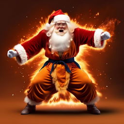 Santa Claus in his traditional outfit, mid-scream and powering up, his body surrounded by a radiant, blazing energy aura demonstrating the iconic Super Saiyan transformation from the Dragon Ball Z series.