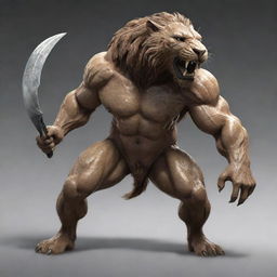 A unique hybrid warrior, the upper half resembling a sturdy human fighter and the lower half merging into a smilodon's fierce head