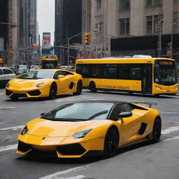 A vibrant yellow Lamborghini parked in front of a matching yellow metro bus during prime time in Times Square, New York.