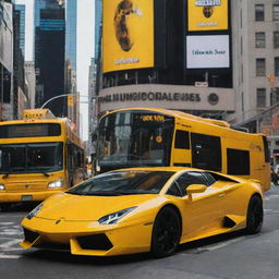 A vibrant yellow Lamborghini parked in front of a matching yellow metro bus during prime time in Times Square, New York.