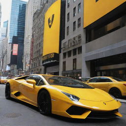 A vibrant yellow Lamborghini parked in front of a matching yellow metro bus during prime time in Times Square, New York.