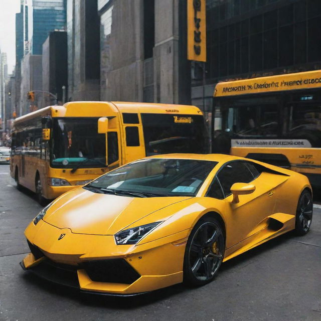 A vibrant yellow Lamborghini parked in front of a matching yellow metro bus during prime time in Times Square, New York.