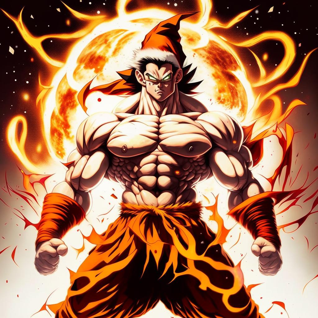 Santa Claus envisioned in the distinct visual style of Dragon Ball Z, his body muscular and toned, mid-power up, engulfed in a dramatic, swirling Super Saiyan aura of radiant energy.