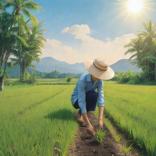 An illustration of a person planting in a rice field under a gentle sun, surrounded by lush greenery and blue sky.