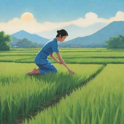 An illustration of a person planting in a rice field under a gentle sun, surrounded by lush greenery and blue sky.